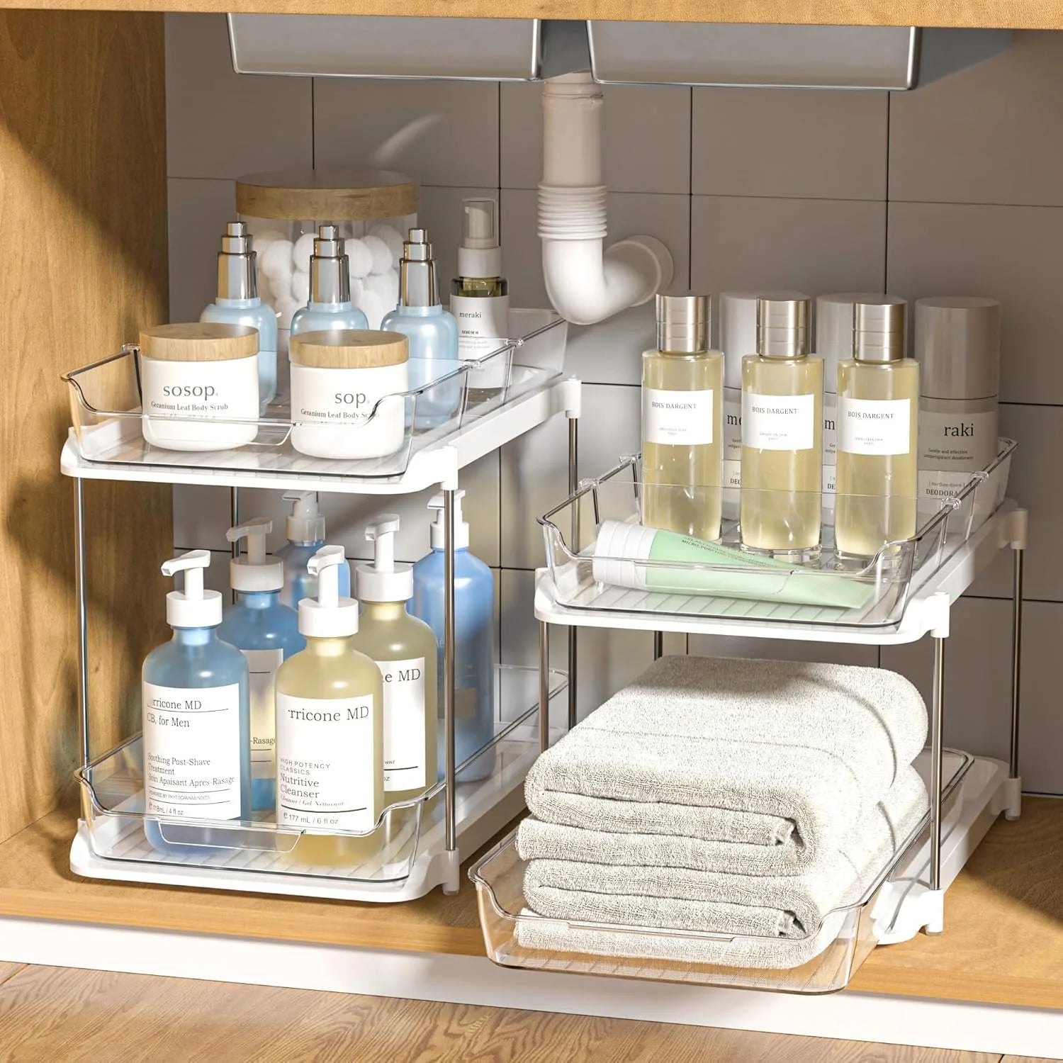 2 Pack Set under Sink Organizers and Storage, 2 Tier Sliding Bathroom Sink Organizer, Multi-Use under Kitchen Cabinet Storage Shelf (S&L), Transparent