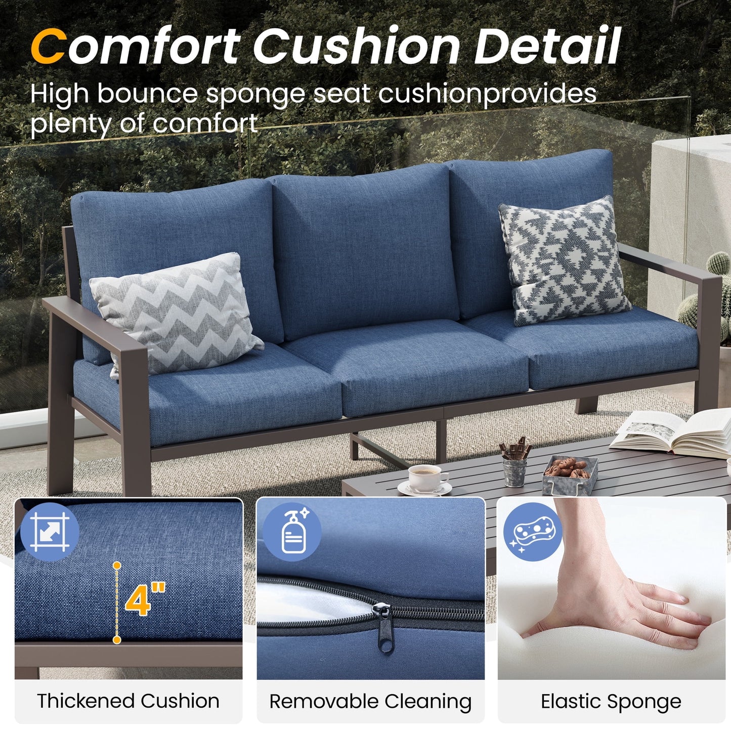 Aluminum Patio Furniture Set, Contemporary Outdoor Couch Set, Aluminum Patio Conversation Set, Blue